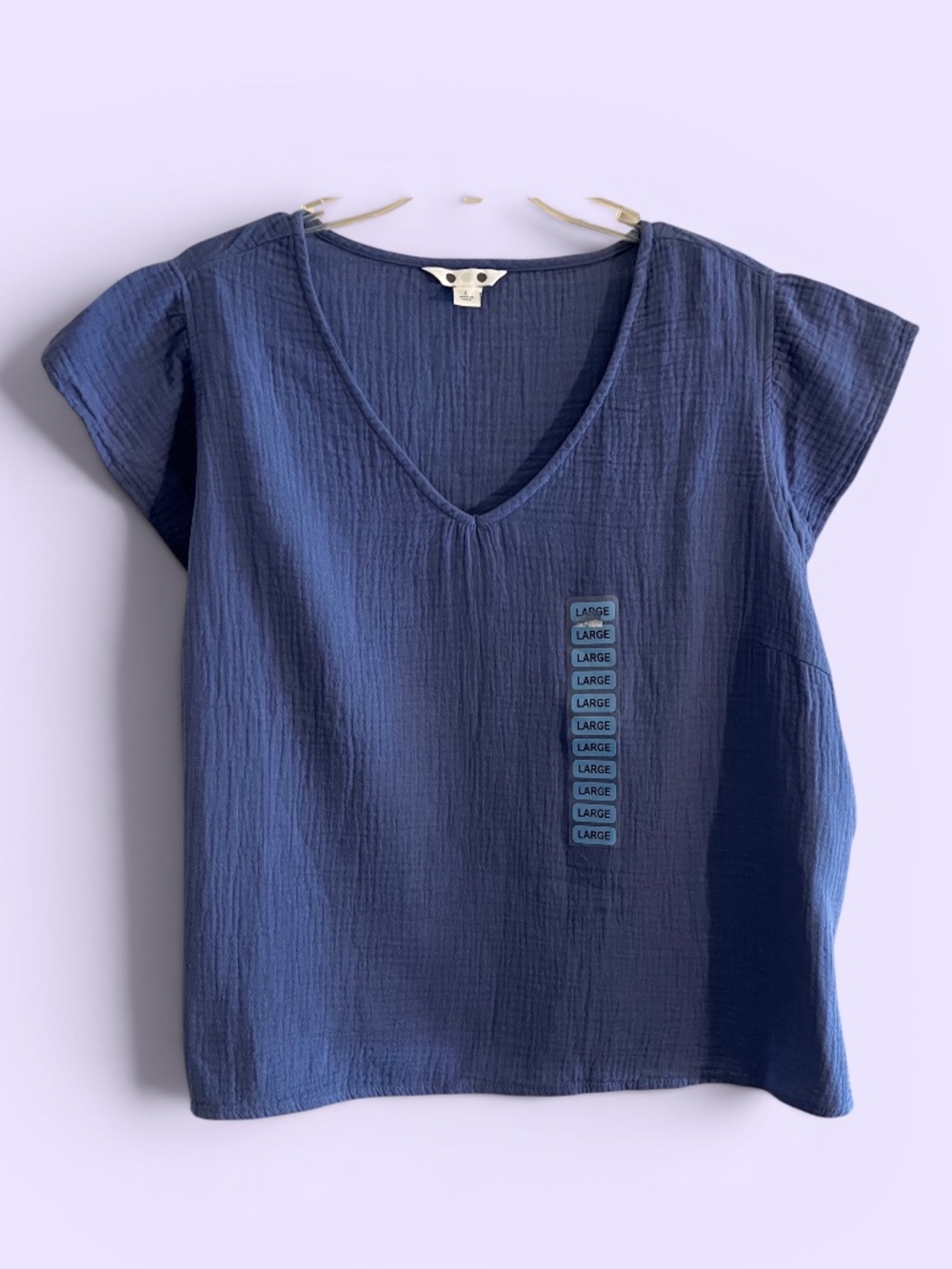 Three Dots Blue Periwinkle V-Neck Double Gauze Blouse Size L NWT